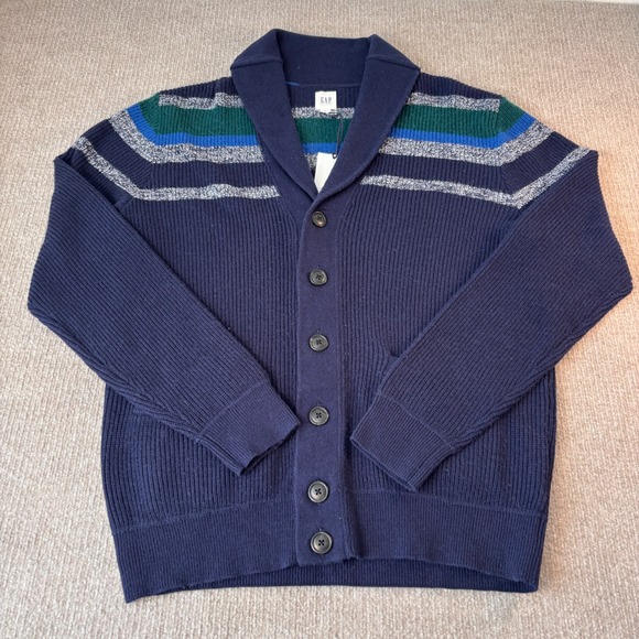 GAP Other - Gap Mens Merino Wool Blend Shawl Collar Cardigan Sweater Navy Blue Striped L NEW